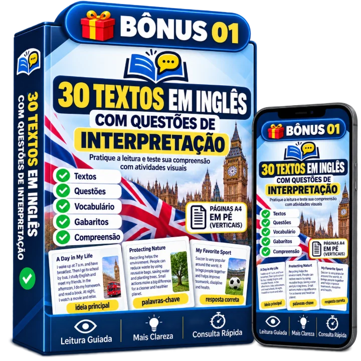 Mockup Bônus 1 — 30 Textos em Inglês com Questões de Interpretação
